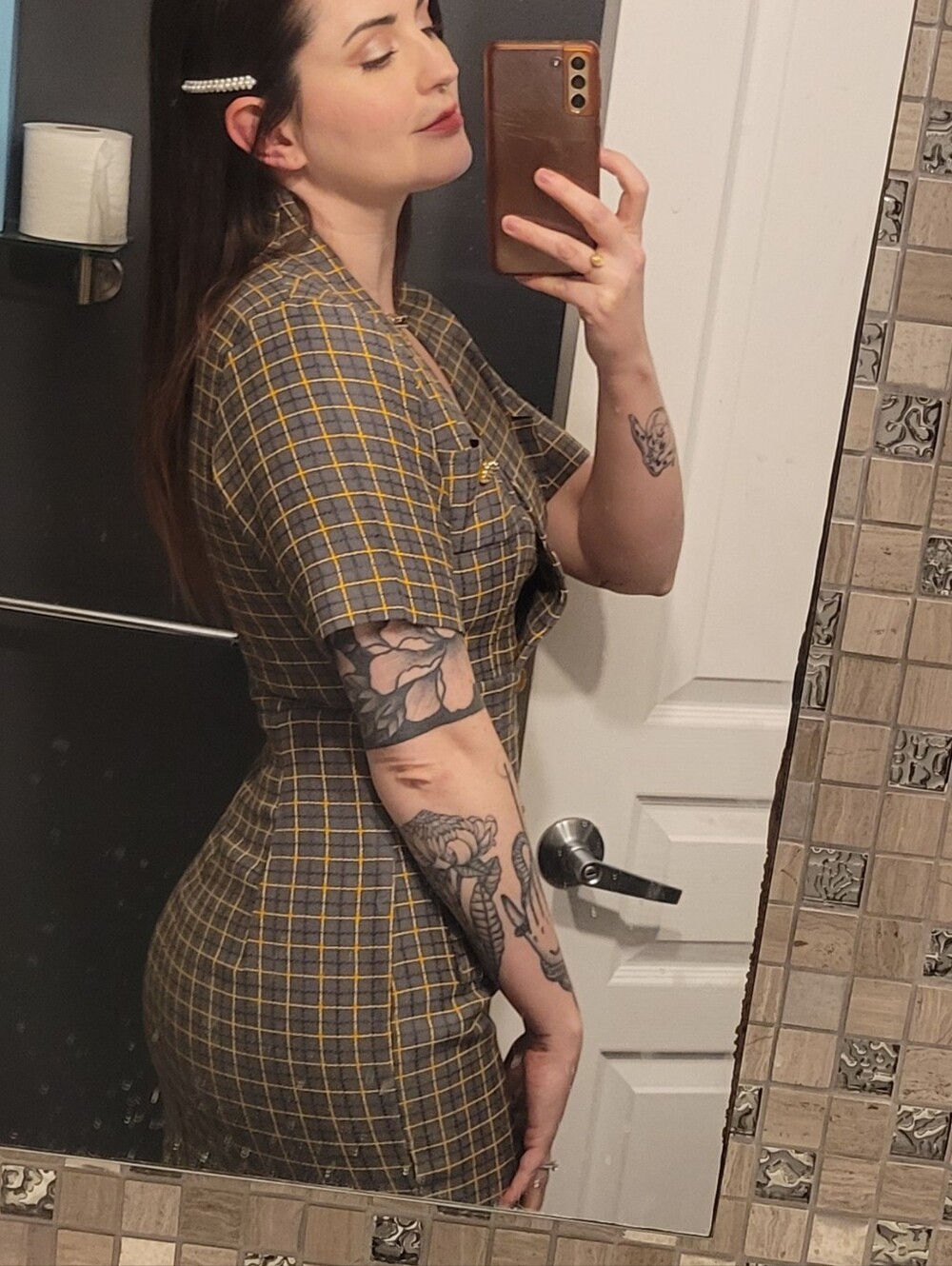 Gray and Yellow Plaid Button-Front Dress